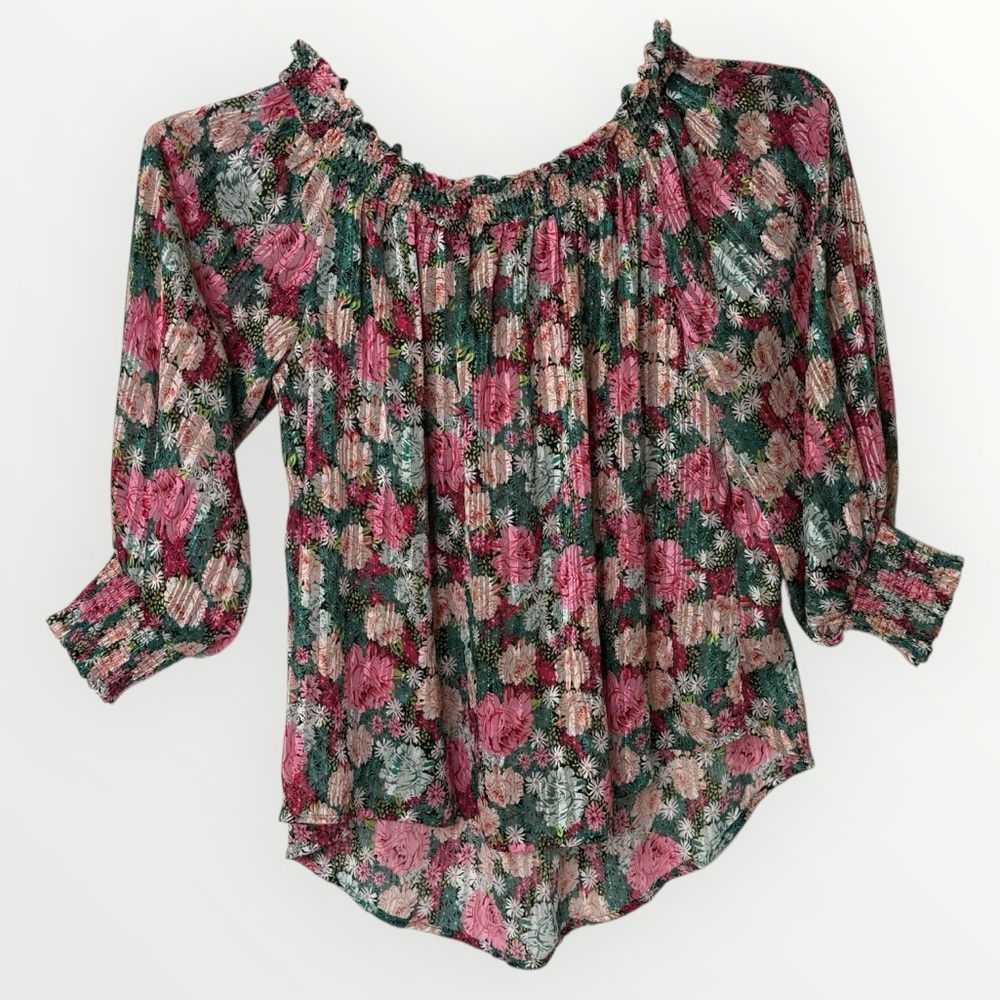 Umgee USA Sheer Floral Off Shoulder Metallic Threading High Low Hem Womens XL - Picture 2 of 5